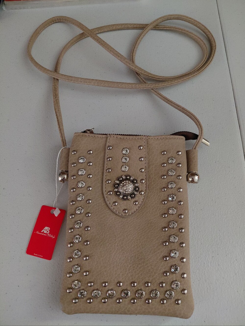 Beige Rhinestone Studded Crossbody Bag - Unbranded